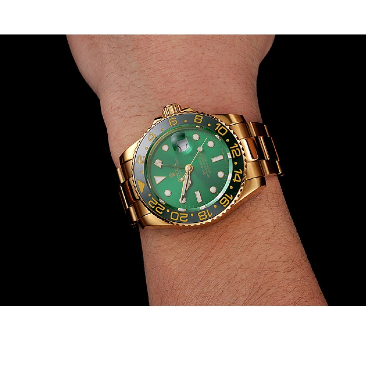 Aaa replica watch 1453750 And Case Rolex Gold Bezel Green Master GMT Swiss Dial Bracelet II And 0530
